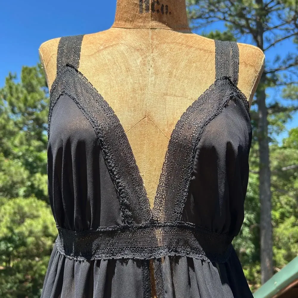 Vintage 80s/90s Black Sheer Chiffon Deep V Maxi Boho Grecian Goth Negligee Gown - Picture 3 of 9